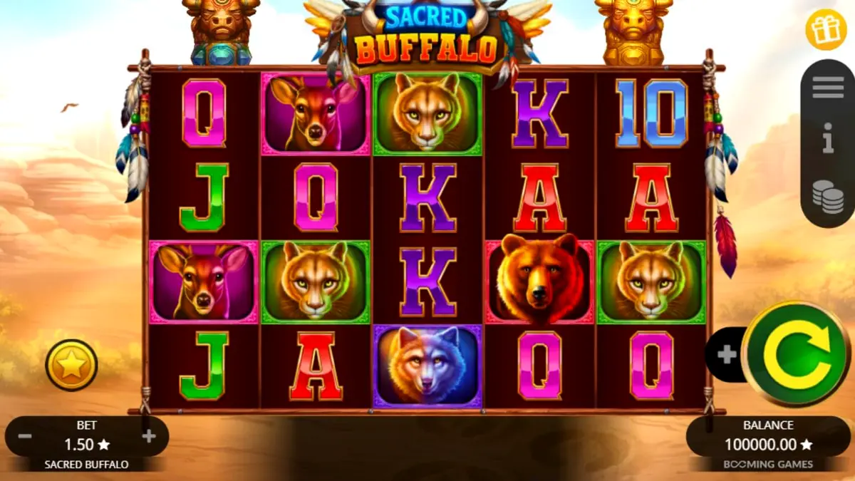 Sacred Buffalo slot gameplay interface na nagpapakita ng mga totem at wild symbols