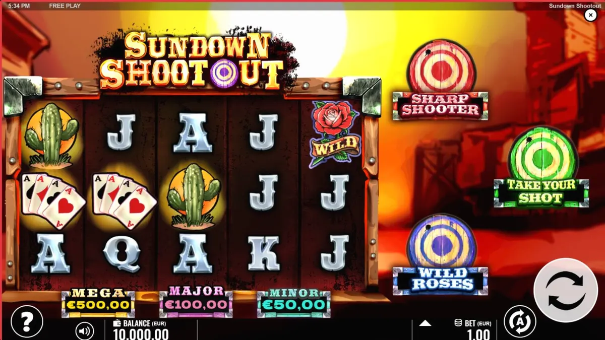 Sundown Shootout slot game screen na may Wild West theme