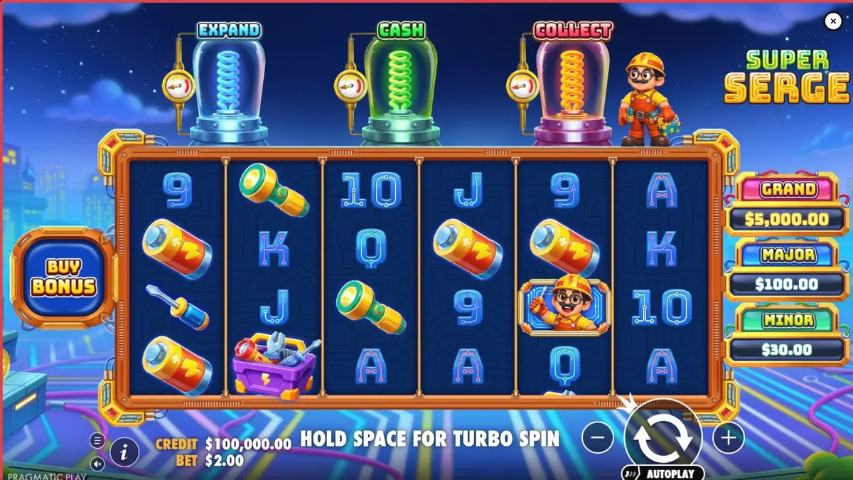 Super Serge slot game interface na may neon electrician theme